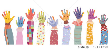 Group of painted hands of joyful happy multicultural kids and baby girls and boys.Colorful kids hands with smile.Preschool - kindergarten of children different cultures coloring together Group of painted hands of joyful happy multicultural kids and baby girls and boys.Colorful kids hands with smile.Preschool - kindergarten of children different cultures coloring together 89151696