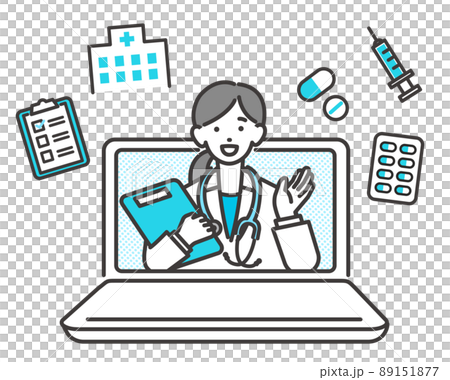 ノートパソコンでリモート診察（診断）をする女性医師のベクターイラスト素材／医療／薬 89151877