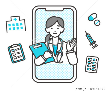 スマートフォンでリモート診察(診断)をする女性医師のベクターイラスト素材/医療/薬 スマートフォンでリモート診察(診断)をする女性医師のベクターイラスト素材/医療/薬 89151879