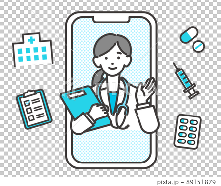 スマートフォンでリモート診察(診断)をする女性医師のベクターイラスト素材/医療/薬 スマートフォンでリモート診察(診断)をする女性医師のベクターイラスト素材/医療/薬 89151879