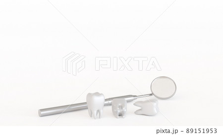 Tooth icon with medical dentist tool or inspection mirror for teeth, dental care, 3D rendering. 89151953