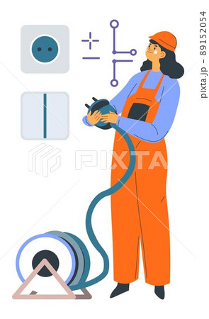 Electrician woman fixing socket, handy worker Electrician woman fixing socket, handy worker 89152054