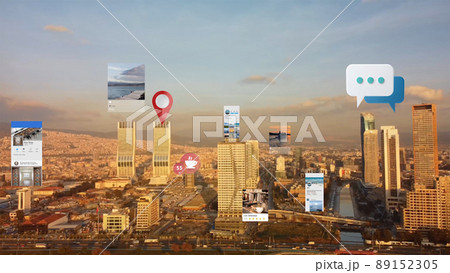 Connected aerial city with several interfaces. Futuristic concept. Augmented reality over Izmir. High quality photo 89152305