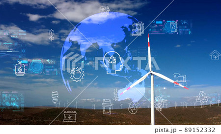 Aerial view over the farm landscape and wind turbines generating clean renewable energy. Renewable energy production for the green ecological world. High quality photo Aerial view over the farm landscape and wind turbines generating clean renewable energy. Renewable energy production for the green ecological world. High quality photo 89152332