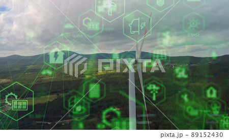 Wind power plant and technology. Smart grid. Renewable energy. Sustainable resources. High quality photo Wind power plant and technology. Smart grid. Renewable energy. Sustainable resources. High quality photo 89152430