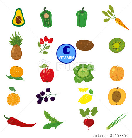 Set of Vitamin C origin natural sources. Healthy diary rich ascorbic acid, fruits, vegetables, berries. Organic diet products, natural nutrition collection. Vector flat cartoon illustration isolated Set of Vitamin C origin natural sources. Healthy diary rich ascorbic acid, fruits, vegetables, berries. Organic diet products, natural nutrition collection. Vector flat cartoon illustration isolated 89153350