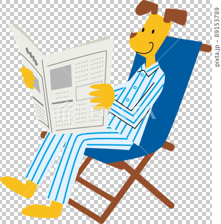 擬人化的雄性狗穿著睡衣坐在椅子上看報紙。 89153789