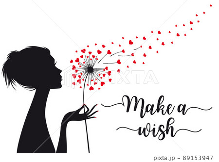 woman holding dandelion flower with flying hearts, vector 89153947
