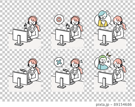 Illustration material set of female operator working in a call center Illustration material set of female operator working in a call center 89154686