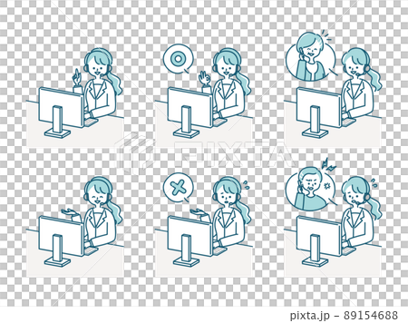 Illustration material set of female operator working in a call center 89154688