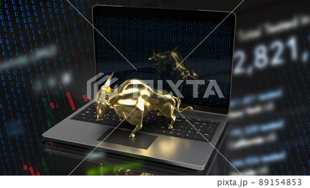 The gold bull on laptop for business concept 3d rendering The gold bull on laptop for business concept 3d rendering 89154853