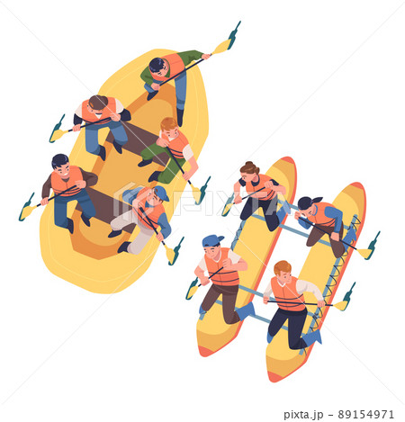 People Character Rafting in Inflatable Boat Rowing with Paddle Engaged in Water Sport Vector Set 89154971