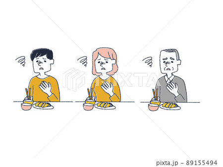 食事が喉を通らない人々のセット　コミカルな手書きの人物　ベクター、温かみのある線画 89155494