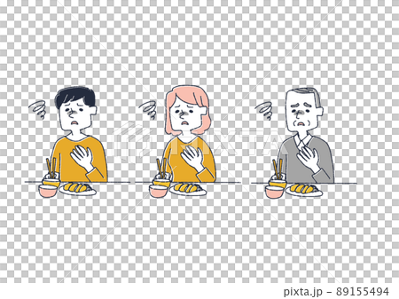 食事が喉を通らない人々のセット　コミカルな手書きの人物　ベクター、温かみのある線画 89155494
