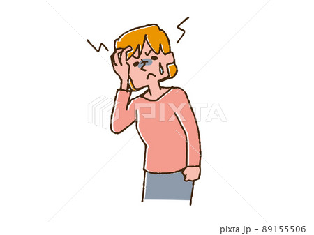 頭痛に悩まされている女性　コミカルな手書きの人物　ベクター、温かみのある線画 89155506