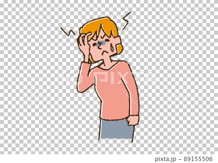 頭痛に悩まされている女性　コミカルな手書きの人物　ベクター、温かみのある線画 89155506