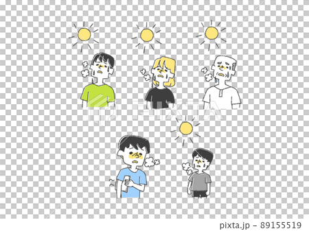 一組在烈日下炙熱的人，一個滑稽的手寫人物矢量，一個溫暖的線條畫 89155519