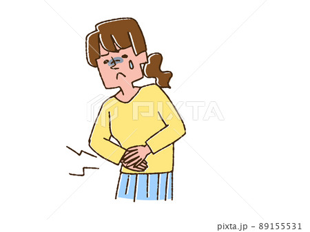 腹痛で辛い女性　コミカルな手書きの人物　ベクター、温かみのある線画 89155531