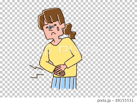 腹痛で辛い女性　コミカルな手書きの人物　ベクター、温かみのある線画 89155531