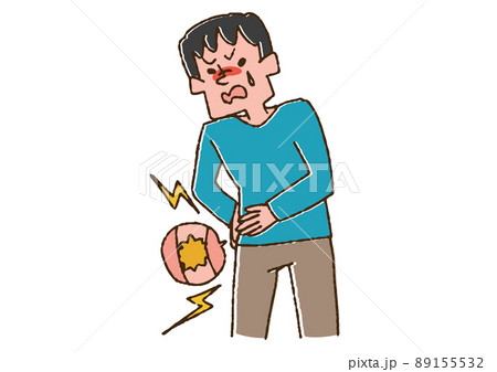 結石の痛みに悶える男性　コミカルな手書きの人物　ベクター、温かみのある線画 89155532