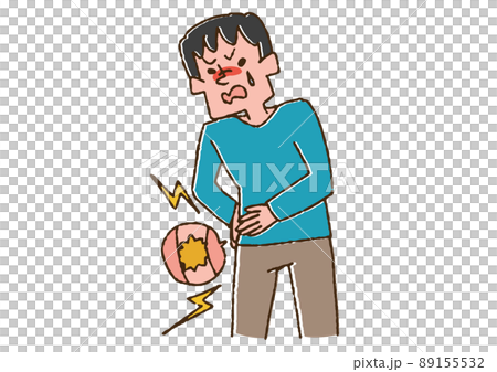 結石の痛みに悶える男性　コミカルな手書きの人物　ベクター、温かみのある線画 89155532