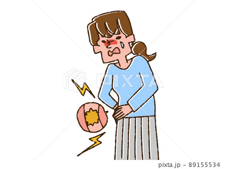 結石の痛みに悶える女性　コミカルな手書きの人物　ベクター、温かみのある線画 89155534