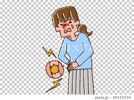 結石の痛みに悶える女性　コミカルな手書きの人物　ベクター、温かみのある線画 89155534