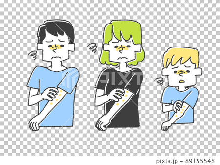 A set of itchy people with something on their arms, a comical handwritten person vector, a warm line drawing 89155548