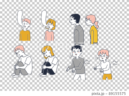 落ち込んだり精神的に参っている人々のセット　コミカルな手書きの人物　ベクター、温かみのある線画 89155575