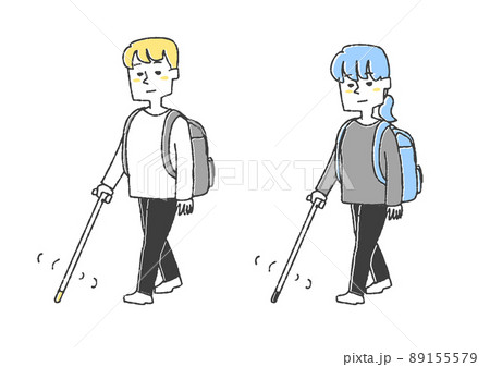 白杖を使って外を歩いている人々のセット　コミカルな手書きの人物　ベクター、温かみのある線画 89155579