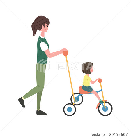 三輪車に乗る女の子と後を押す母親のイラスト 89155607