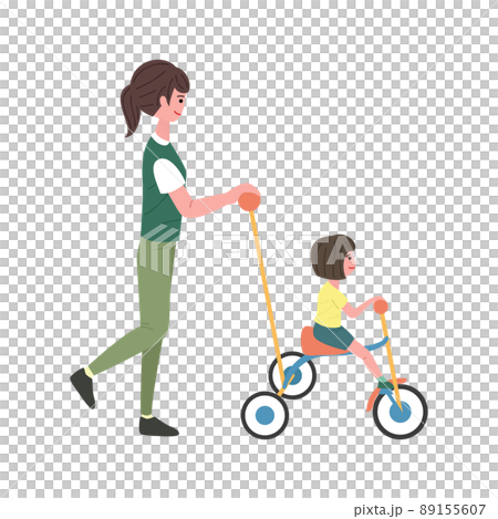 三輪車に乗る女の子と後を押す母親のイラスト 89155607