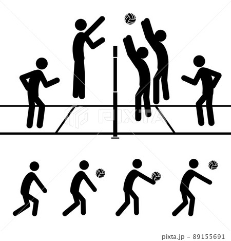 Set of stick figures playing volleyball, flat vector illustration. Set of stick figures playing volleyball, flat vector illustration. 89155691