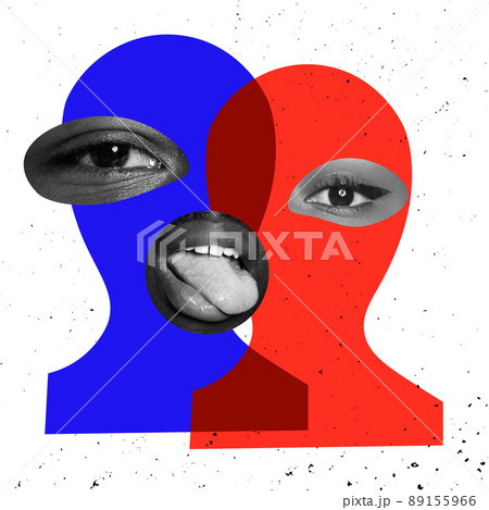 Contemporary colorful and conceptual bright art collage. Male and female face elements and drawn heads isolated over white background 89155966