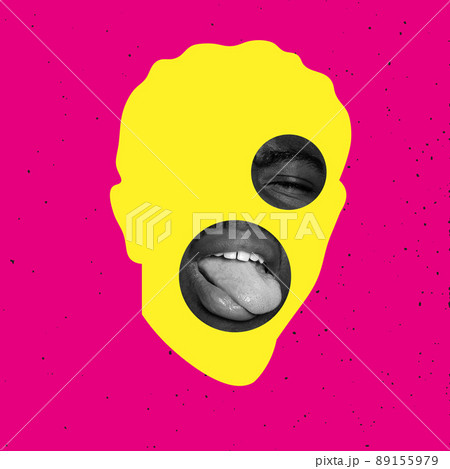 Contemporary colorful and conceptual bright art collage. Young man making funny face, sticking tongue out isolated over pink background. 89155979