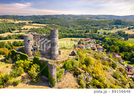Aerial view of the ruins of Domeyrat Castle in Auvergne, France 89156646