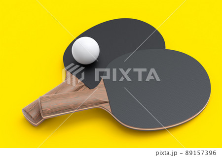 Pair ping pong rackets for table tennis with ball isolated on yellow background. 3d render of sports equipment for active training Pair ping pong rackets for table tennis with ball isolated on yellow background. 3d render of sports equipment for active training 89157396