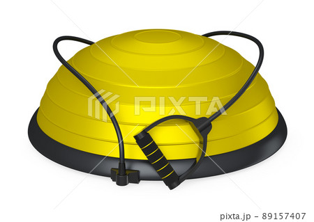 Yellow fitness ball with hand expander isolated white background. 3d rendering of sport equipment for fitness, yoga and active workout 89157407