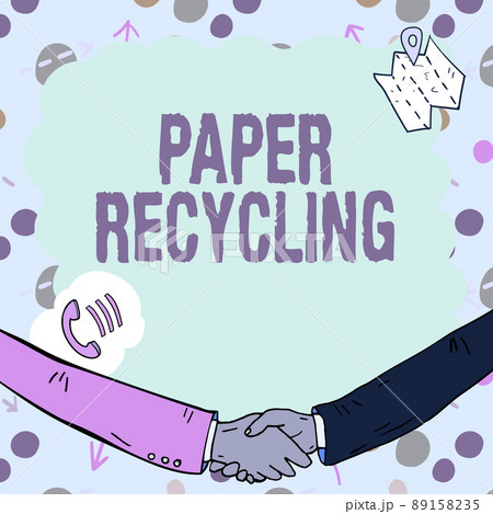 Text caption presenting Paper Recycling. Word for Using the waste papers in a new way by recycling them Empty frame decorated with communication symbols represent business meeting Text caption presenting Paper Recycling. Word for Using the waste papers in a new way by recycling them Empty frame decorated with communication symbols represent business meeting 89158235