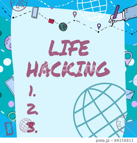 Sign displaying Life Hacking. Business showcase Simple and clever techniques in accomplishing task easily Plain Whiteboard With Hand Drawing Guide Line For Steps Over World Globe. 89158811