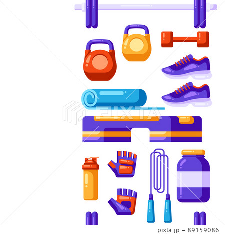 Seamless pattern with fitness equipment. Sport bodybuilding items illustration. 89159086