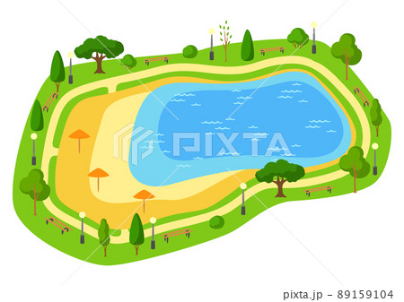 Illustration of beautiful summer or spring city park. Urban public space with lake, lawn and trees for walking. Illustration of beautiful summer or spring city park. Urban public space with lake, lawn and trees for walking. 89159104