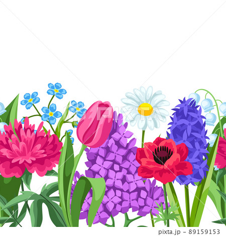 Seamless pattern with spring flowers. Beautiful decorative bouquet of blooming plants. 89159153