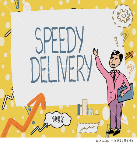 Hand writing sign Speedy Delivery. Word for provide products in fast way or same day shipping overseas Gentleman Drawing Standing Pointing Finger In Blank Whiteboard. 89159348