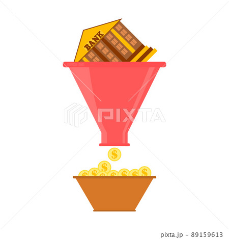 Sales funnel concept. The bank building falls into a funnel and money is made. Finance and business concept. Vector illustration. Sales funnel concept. The bank building falls into a funnel and money is made. Finance and business concept. Vector illustration. 89159613