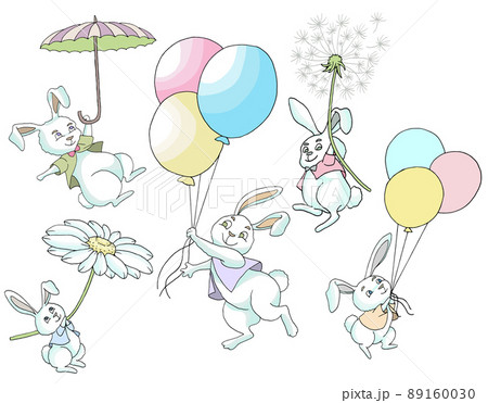Design doodle set with happy funny rabbits, flying on balloons, flowers and umbrella isolated on white background. Colorful vector illustration, Easter spring and animal of the year 2023 concept.  89160030