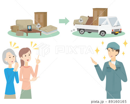 遺品整理を丁寧誠実に行う笑顔の業者と喜ぶ親子 遺品整理を丁寧誠実に行う笑顔の業者と喜ぶ親子 89160165