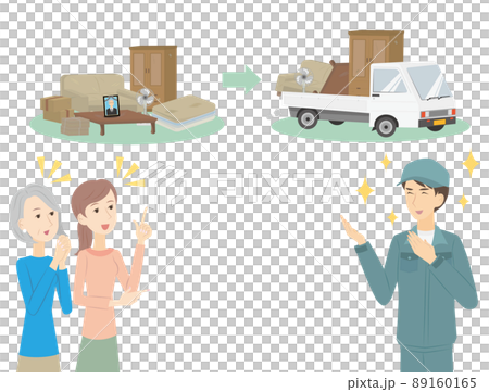 遺品整理を丁寧誠実に行う笑顔の業者と喜ぶ親子 遺品整理を丁寧誠実に行う笑顔の業者と喜ぶ親子 89160165