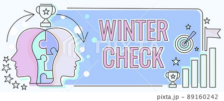 Text showing inspiration Winter Check. Conceptual photo Coldest Season Maintenance Preparedness Snow Shovel Hiemal Two Heads Connected Puzzle Showing Solving Problems And Sharing Success Text showing inspiration Winter Check. Conceptual photo Coldest Season Maintenance Preparedness Snow Shovel Hiemal Two Heads Connected Puzzle Showing Solving Problems And Sharing Success 89160242