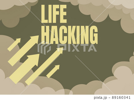 Conceptual caption Life Hacking. Word Written on Simple and clever techniques in accomplishing task easily Arrows moving quickly towards sky surrounded with clouds achieving goals 89160341